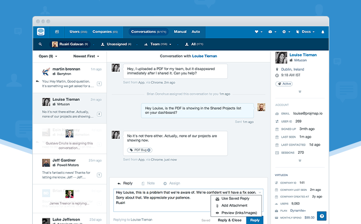 Intercom dashboard or interface